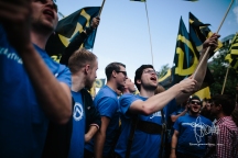 Bavarian members of the Identitarian Movement show up clothed in uniform: Lederhosen and blue T-Shirts