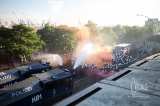 Water cannons in use against demonstrators